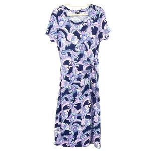 Talbots Navy Blue Floral Nantucket Slub Side Tie Midi Dress Size SP